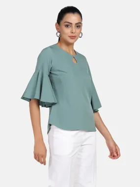 Bell Sleeves Poly Crepe Top - Sage Green