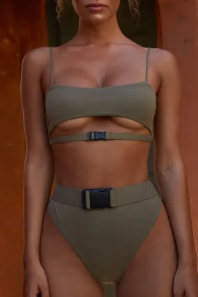 Belt My Heart Underbust Strappy Bikini Top in Khaki