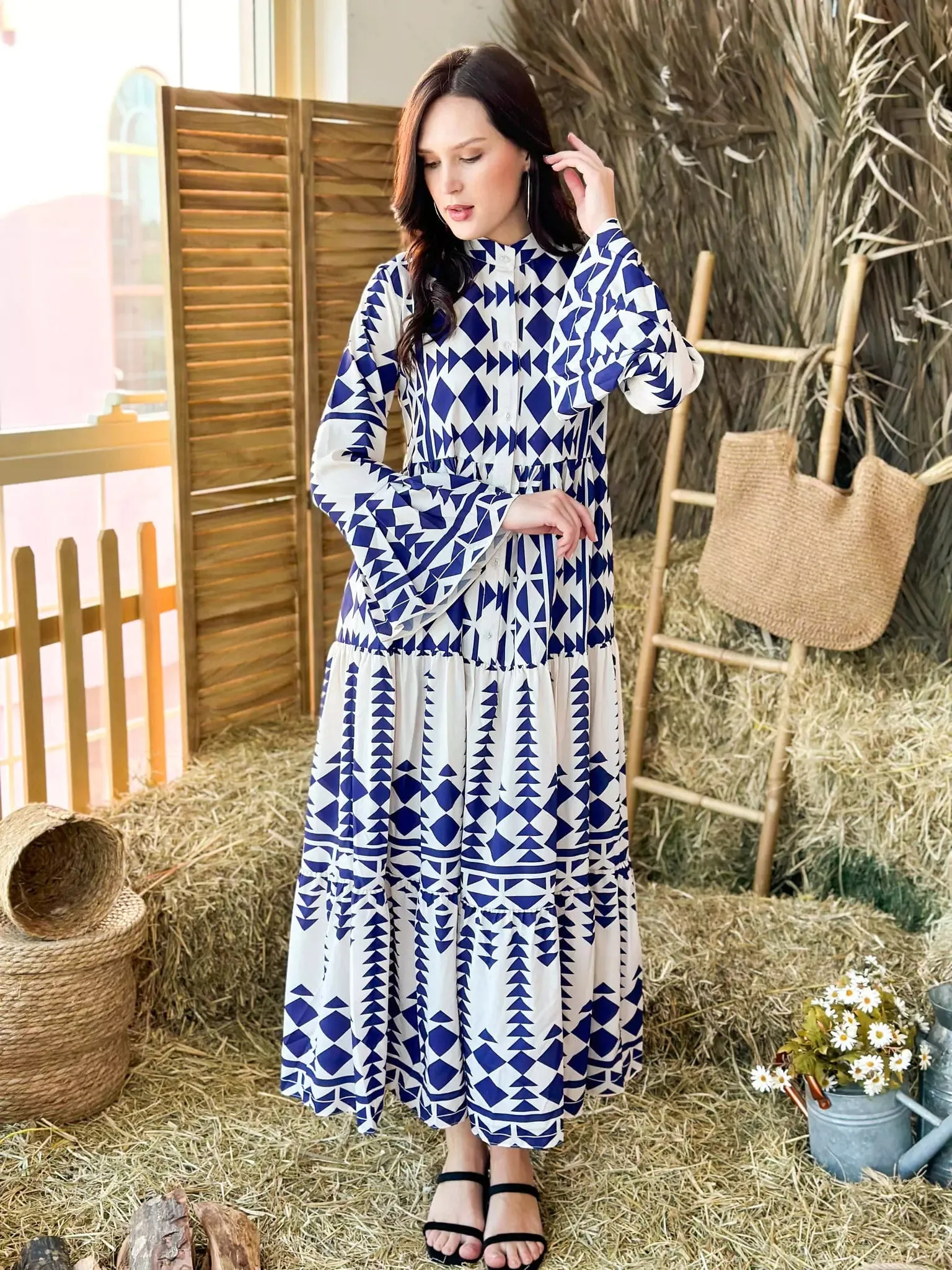 Blue Merry Geometric Dress - Blue and White