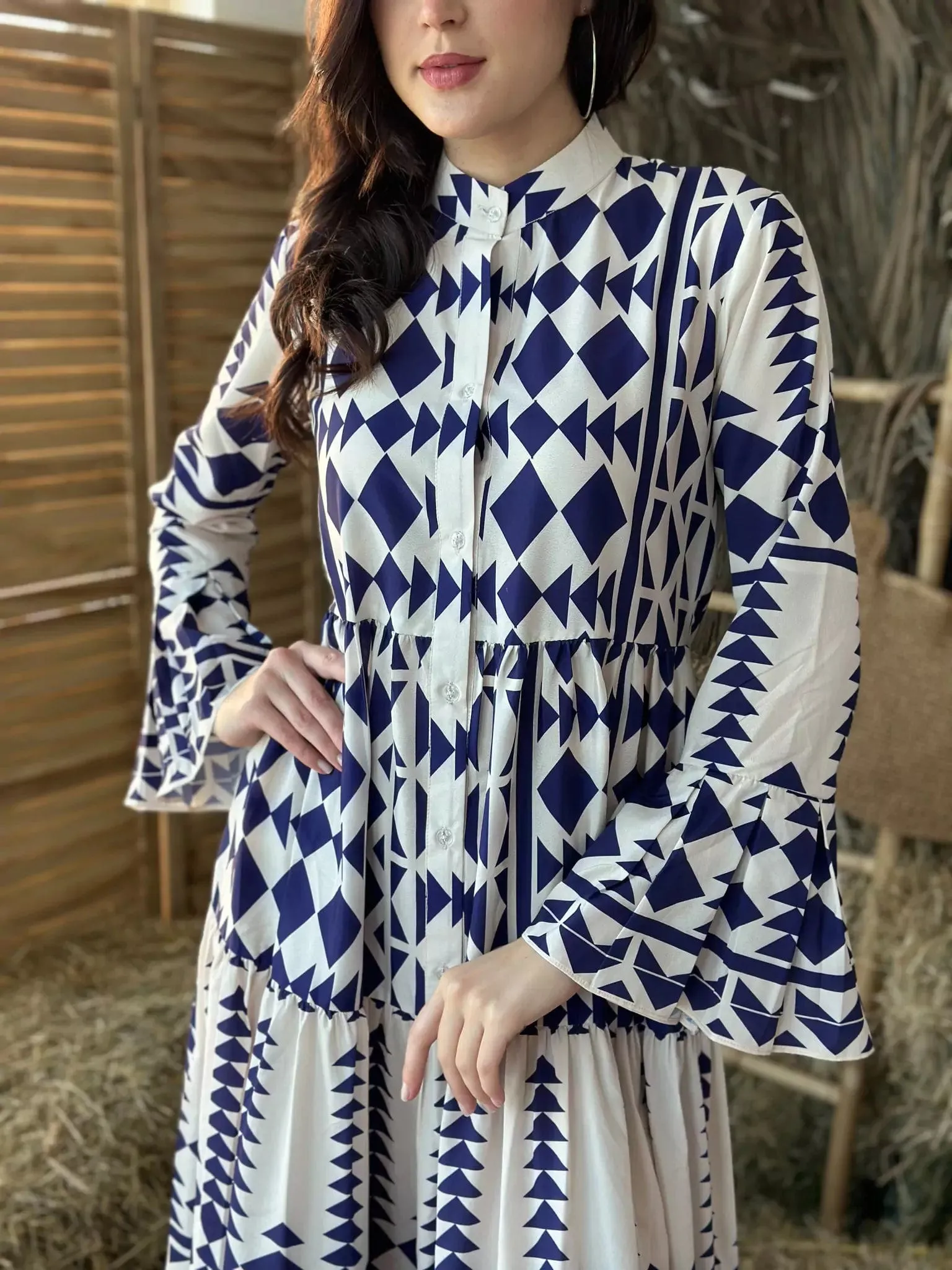 Blue Merry Geometric Dress - Blue and White