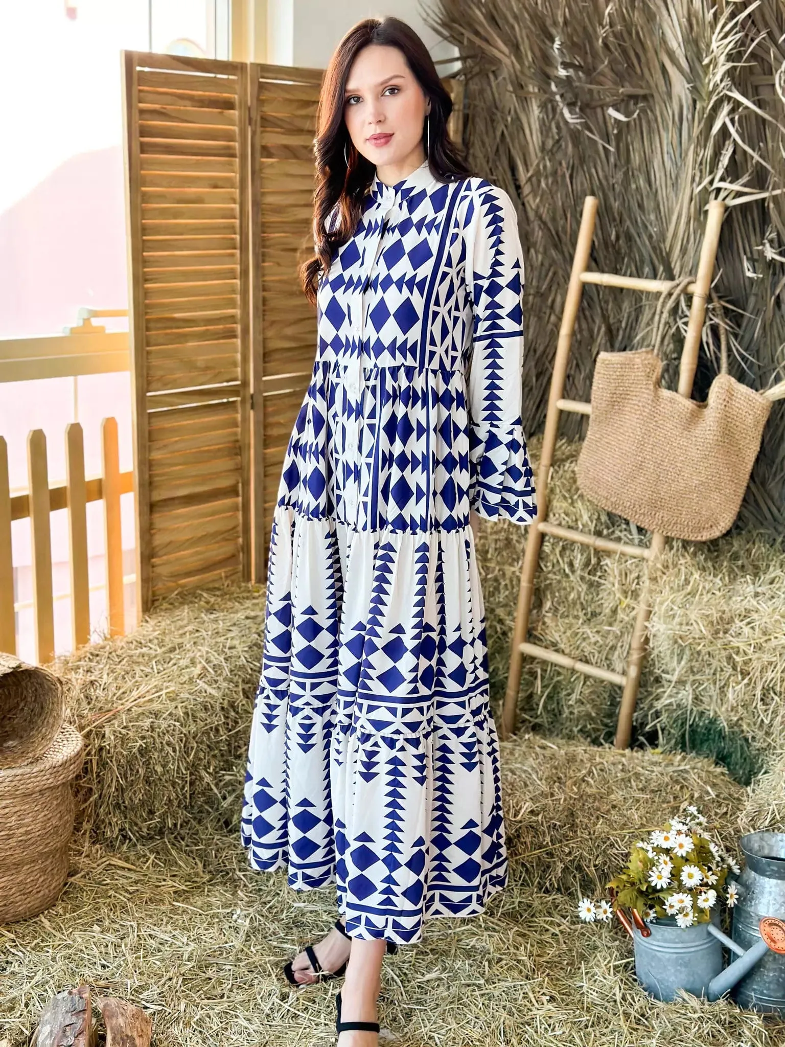 Blue Merry Geometric Dress - Blue and White