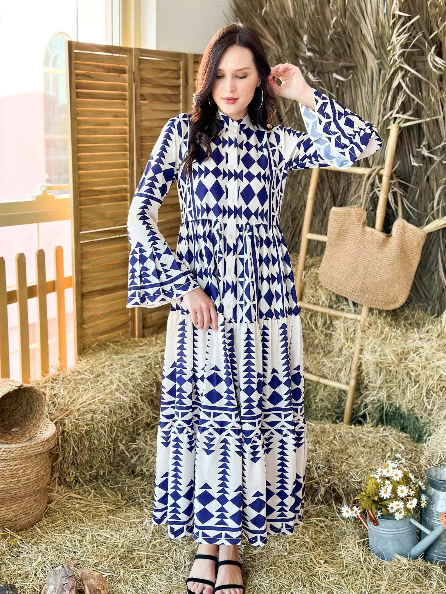 Blue Merry Geometric Dress - Blue and White