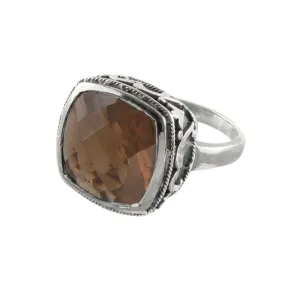 Cushion Cut Cocktail Ring in Smoky Quartz & Antiqued Sterling