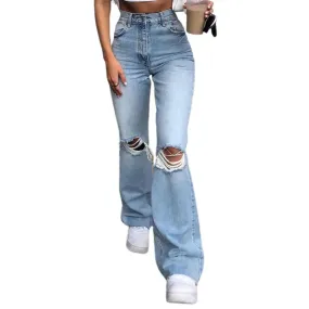 High Waist Blue Ripped Boot Cut Jeans For Women Fashion Stretch Knee Ripped Denim Flared Pants Casual Female Trousers Black 2024