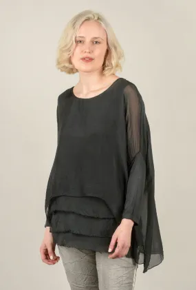 Layered Ruffle-Hem Silk Blouse, Charcoal