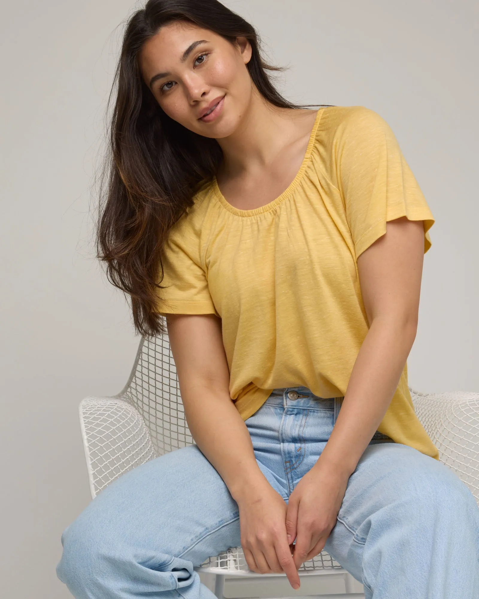 Lilah Linen Gathered Neck Tee