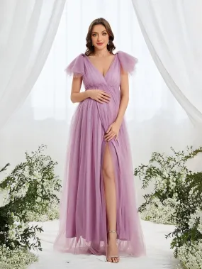 Maternity Plunging Neck Ruffle Sleeve Mesh Slit Dress