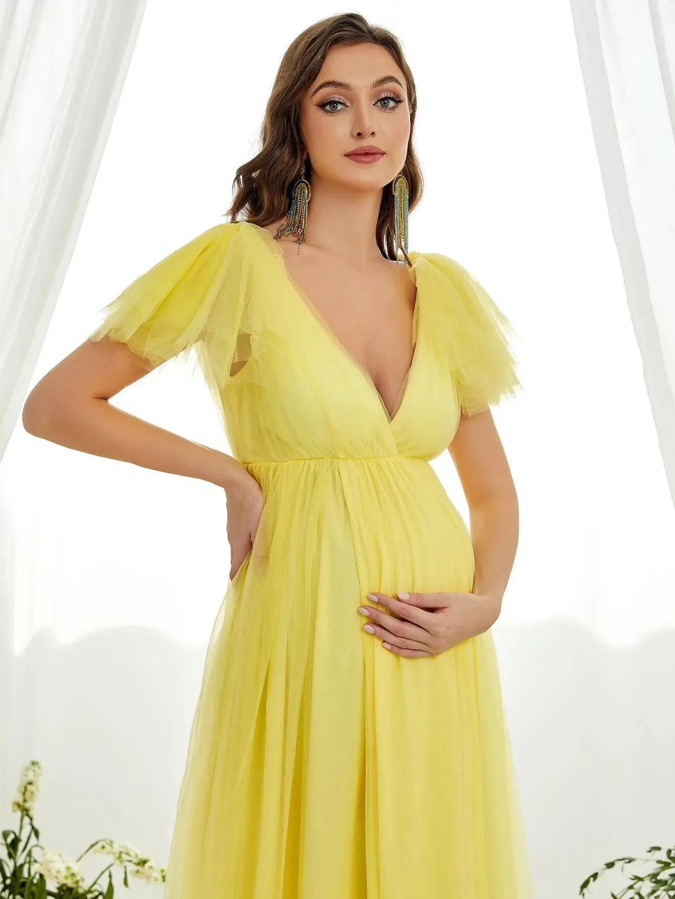 Maternity Plunging Neck Ruffle Sleeve Mesh Slit Dress