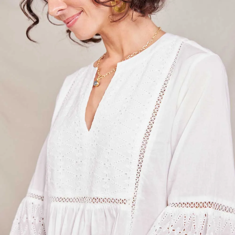 Melony White Eyelet Tunic with Bell Sleeve