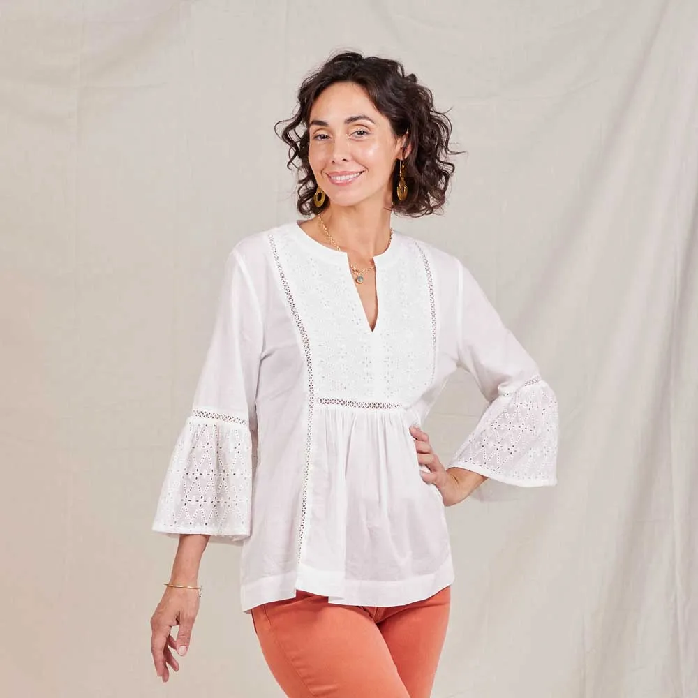 Melony White Eyelet Tunic with Bell Sleeve