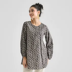 Mud Grey Contemporary Dabu Printed Cotton Tunic with Elastic Sleeve Detail