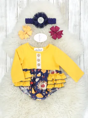 Mustard Navy Turkey Ruffle Romper