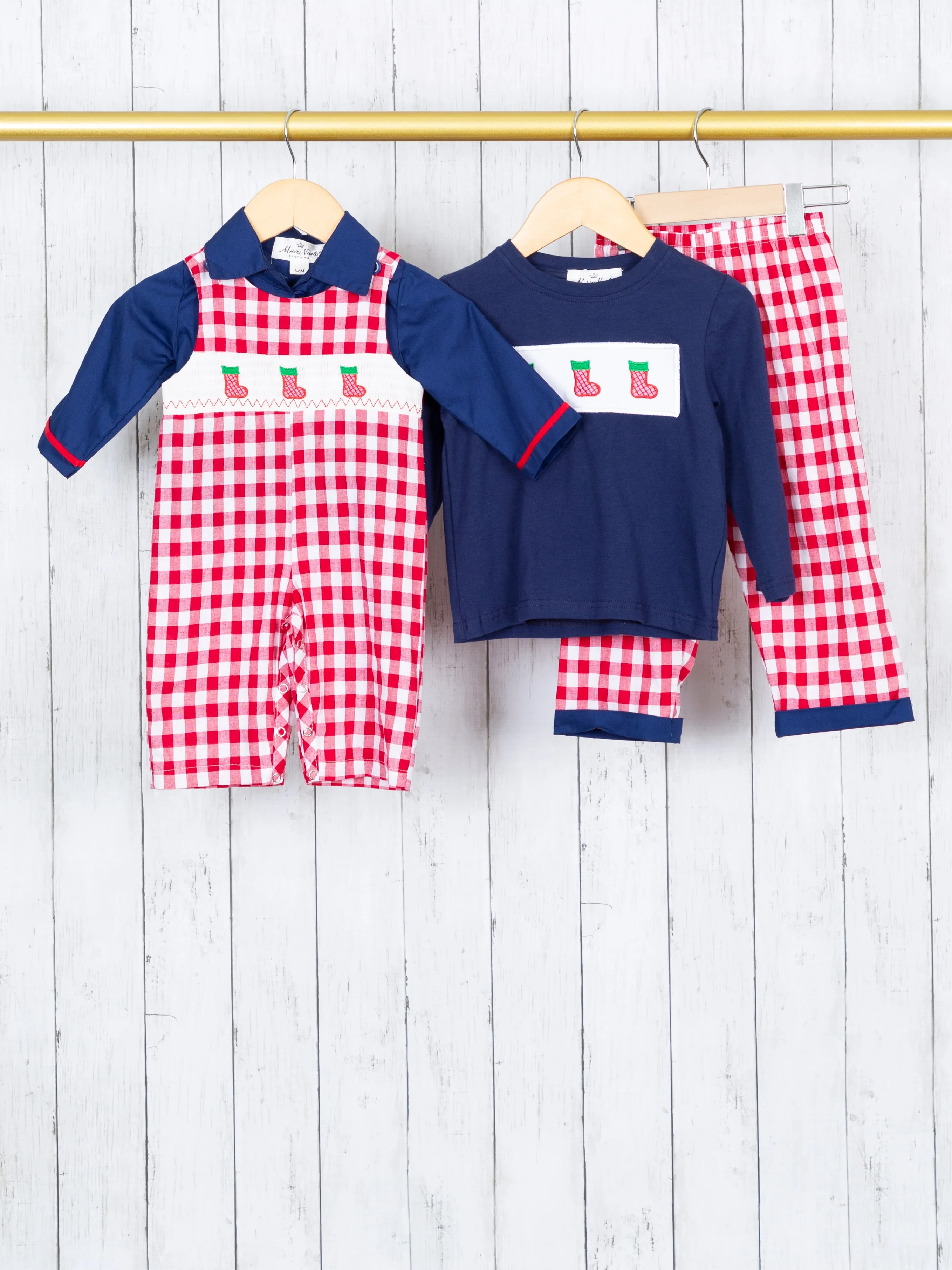 Navy Stocking & Red Gingham Smocked Outfit