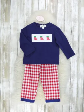 Navy Stocking & Red Gingham Smocked Outfit