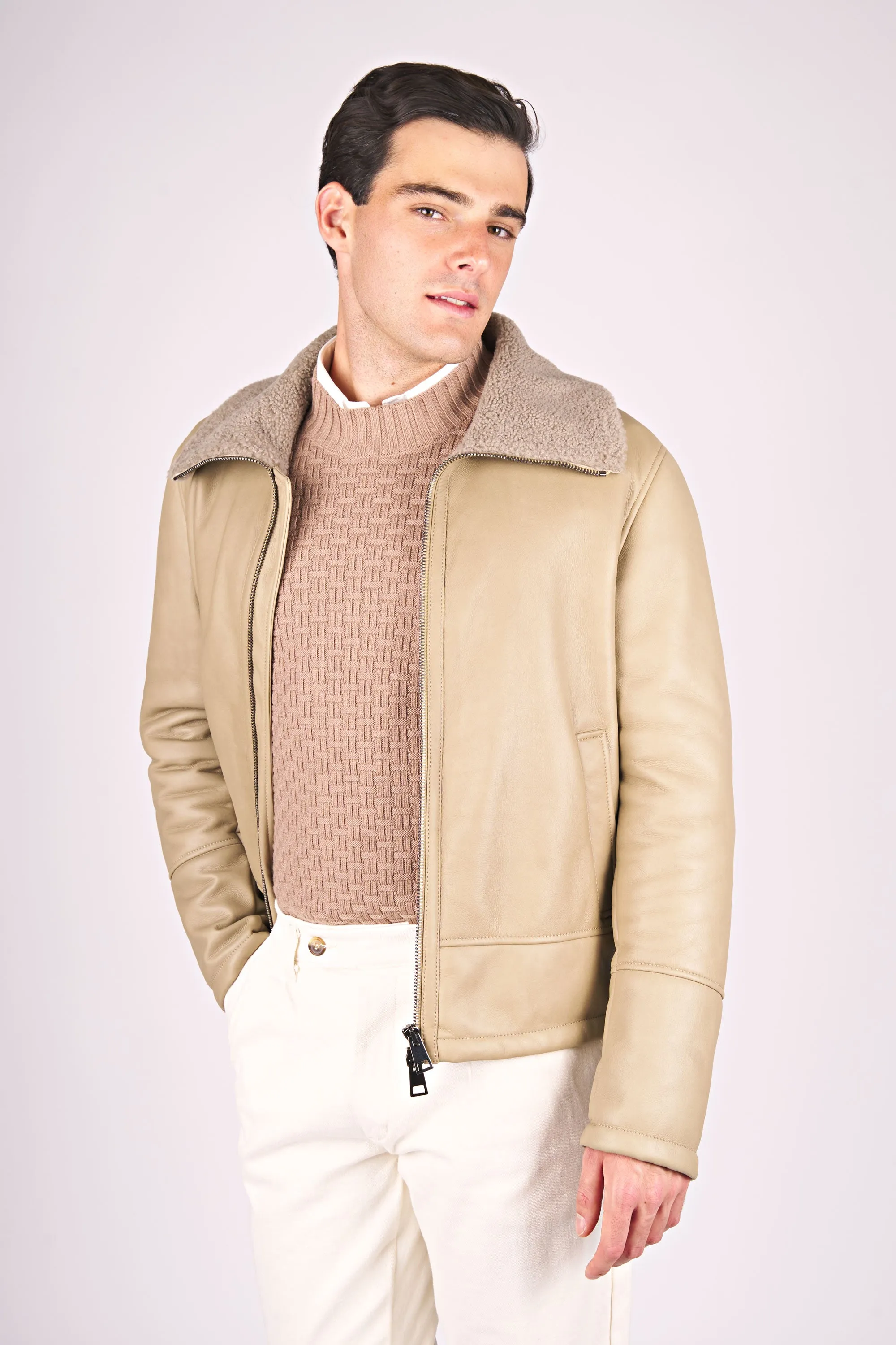 Nubuck Leather Trucker Jacket with Shearling Lining