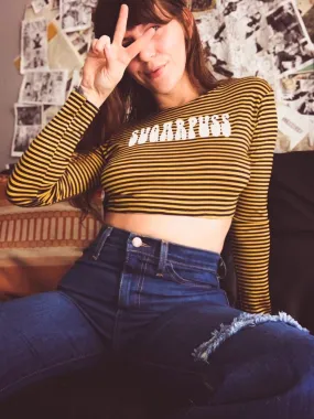 Retro Stripes 'Sugarpuss' Logo Crop Tee with Long Sleeves