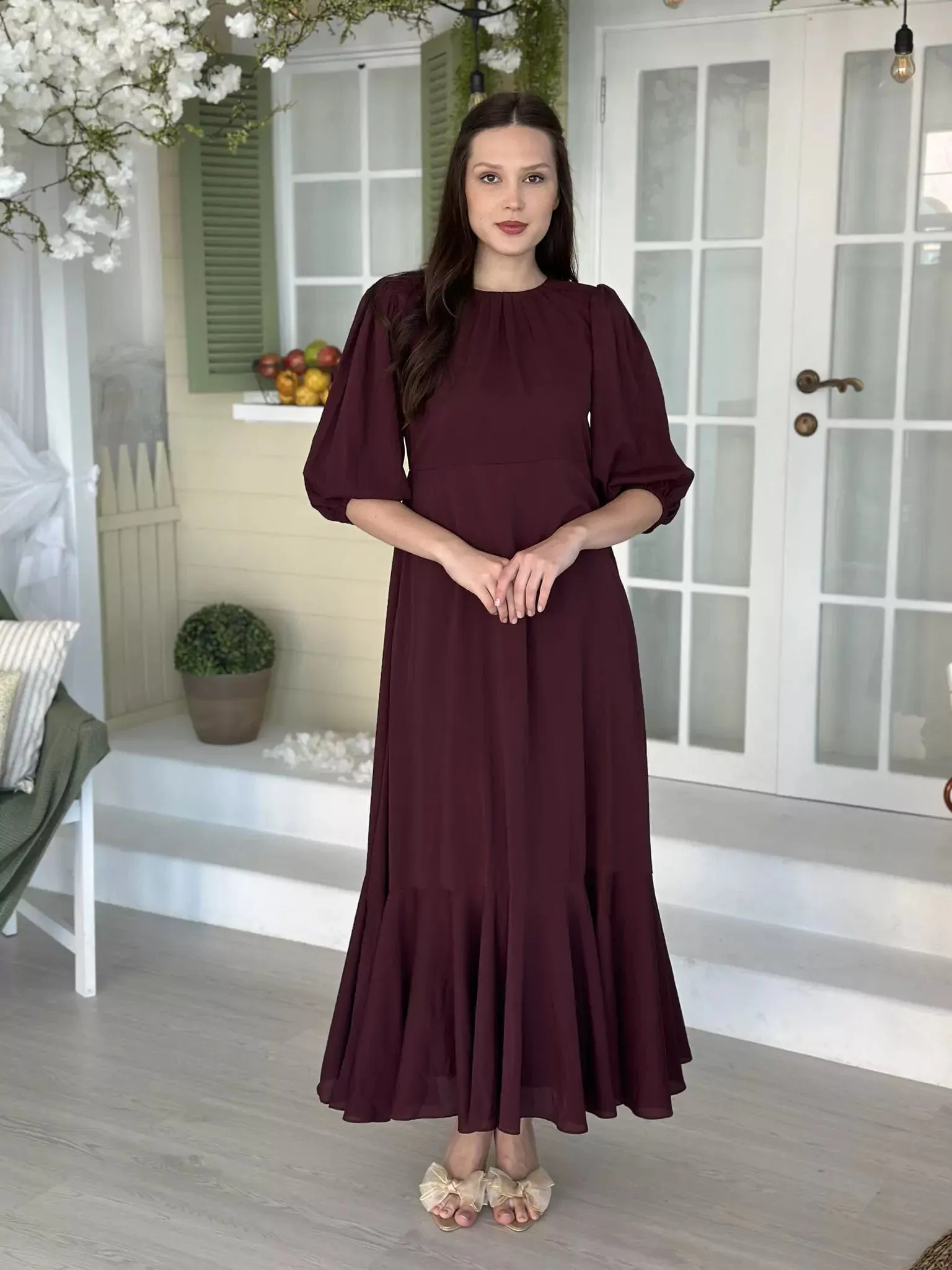 Whispering Petals Long Dress - Maroon