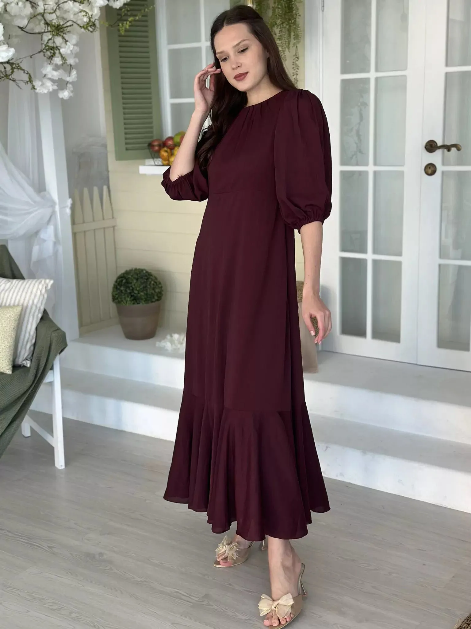 Whispering Petals Long Dress - Maroon